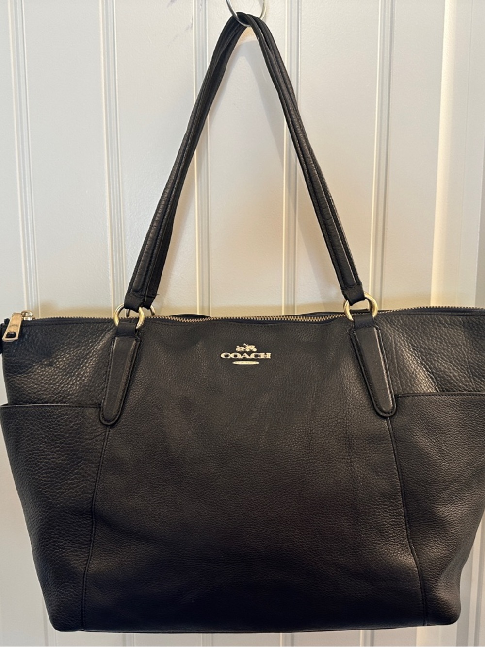 Coach Town Tote Navy Pebbled Leather Zip Top Shoulder Bag Large Work - Picture 3 of 11